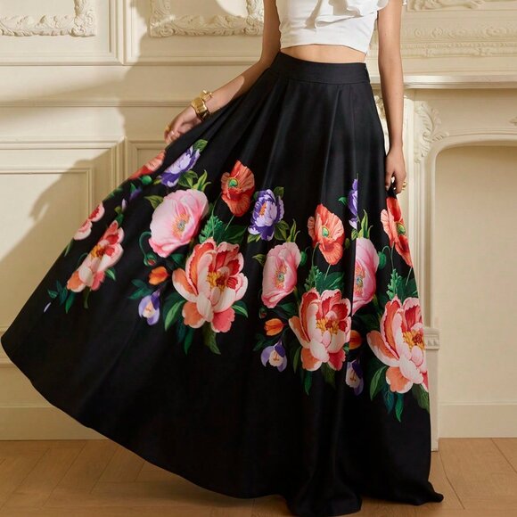 Black Elegant Women's Waist-Accented Patchwork A-Line Satin Skirt - Picture 5 of 7